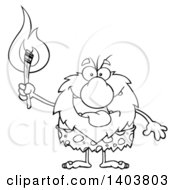 Poster, Art Print Of Black And White Lineart Caveman Mascot Character Carrying A Torch