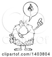 Poster, Art Print Of Black And White Lineart Caveman Mascot Character Thinking Of Fire