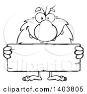 Poster, Art Print Of Black And White Lineart Caveman Mascot Character Holding A Blank Sign