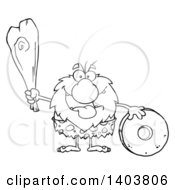 Cartoon Clipart Of A Black And White Lineart Caveman Mascot Character Holding A Club And Standing With A Wheel Royalty Free Vector Illustration