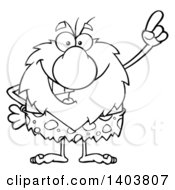 Cartoon Clipart Of A Black And White Lineart Caveman Mascot Character With An Idea Royalty Free Vector Illustration