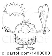 Cartoon Clipart Of A Black And White Lineart Mad Caveman Mascot Character Yelling Waving A Fist And Club Royalty Free Vector Illustration