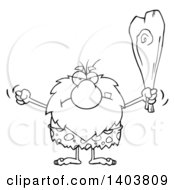 Cartoon Clipart Of A Black And White Lineart Mad Caveman Mascot Character Waving A Fist And Club Royalty Free Vector Illustration