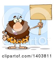 Poster, Art Print Of Caveman Mascot Character Holding Up A Blank Sign Over Blue