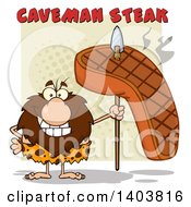 Poster, Art Print Of Caveman Mascot Character Holding A Grilled Beef Steak On A Spear Under Text