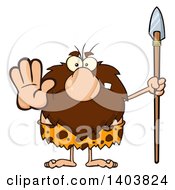 Poster, Art Print Of Mad Caveman Mascot Character Holding A Spear And Gesturing Stop