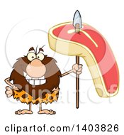 Poster, Art Print Of Caveman Mascot Character Holding A Raw Beef Steak On A Spear