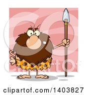 Poster, Art Print Of Mad Caveman Mascot Character Standing With A Spear Over Pink