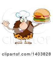 Poster, Art Print Of Chef Caveman Mascot Character Holding A Cheeseburger