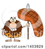 Cartoon Clipart Of A Caveman Mascot Character Holding A Grilled Beef Steak On A Spear Royalty Free Vector Illustration