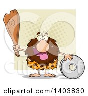Poster, Art Print Of Caveman Mascot Character Holding A Club And Standing With A Wheel On Tan