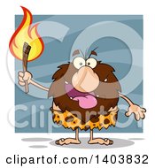 Poster, Art Print Of Caveman Mascot Character Carrying A Torch On Blue