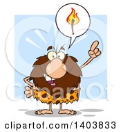 Poster, Art Print Of Caveman Mascot Character Holding Up A Finger And Talking About Fire On Blue