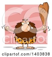 Poster, Art Print Of Mad Caveman Mascot Character Waving A Fist And Club On Pink
