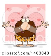 Cartoon Clipart Of A Caveman Mascot Character Wanting A Hug Over Pink Royalty Free Vector Illustration
