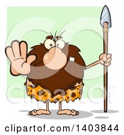 Cartoon Clipart Of A Mad Caveman Mascot Character Holding A Spear And Gesturing Stop Over Green Royalty Free Vector Illustration