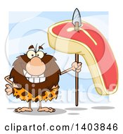 Cartoon Clipart Of A Caveman Mascot Character Holding A Raw Beef Steak On A Spear Over Blue Royalty Free Vector Illustration