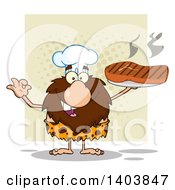 Poster, Art Print Of Chef Caveman Mascot Character Holding A Grilled Beef Steak Over Tan