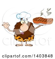 Cartoon Clipart Of A Chef Caveman Mascot Character Holding A Grilled Beef Steak Royalty Free Vector Illustration