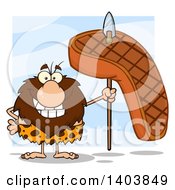 Cartoon Clipart Of A Caveman Mascot Character Holding A Grilled Beef Steak On A Spear Over Blue Royalty Free Vector Illustration