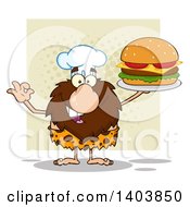 Poster, Art Print Of Chef Caveman Mascot Character Holding A Cheeseburger Over A Tan Square