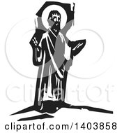 Clipart Of A Black And White Woodcut Scene Of Jesus Christ Royalty Free Vector Illustration