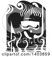 Poster, Art Print Of Black And White Woodcut Diver Wearing A Snorkel Mask