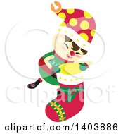 Poster, Art Print Of Happy Christmas Elf Holding A Stocking