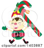 Poster, Art Print Of Happy Christmas Elf Cheering With A Candy Cane