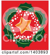 Poster, Art Print Of Christmas Holly Wreath Around A Star On Red