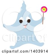 Clipart Of A Blue Halloween Ghost Holding A Lolipop Royalty Free Vector Illustration