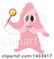 Clipart Of A Pink Halloween Ghost Holding A Lolipop Royalty Free Vector Illustration