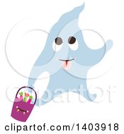 Poster, Art Print Of Blue Halloween Ghost Holding A Basket Of Candy
