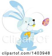 Poster, Art Print Of Blue Bunny Rabbit Running With Easter Eggs