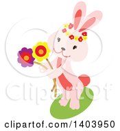 Poster, Art Print Of Pink Easter Bunny Rabbit Holding Flowers