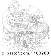 Clipart Of A Black And White Lineart Moray Eel With A Sunken Anchor And Treasure Royalty Free Vector Illustration