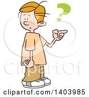 Cartoon Caucasian Boy Pointing And Asking Which Way To Go