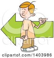 Cartoon Caucasian Boy Pointing In The Opposite Direction As An Arrow