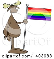 Poster, Art Print Of Cartoon Moose Standing And Holding A Rainbow Lgbt Flag