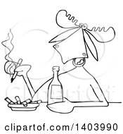 Clipart Of A Cartoon Black And White Lineart Moose Smoking And Drinking A Beer Royalty Free Vector Illustration