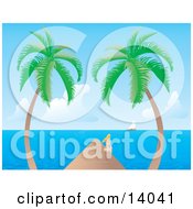 Pretty Young Blond Woman In A White Bikini Sitting On The Edge Of A Dock Between Two Palm Trees And Watching A Sailboat On The Horizon Clipart Illustration by Rasmussen Images #COLLC14041-0030