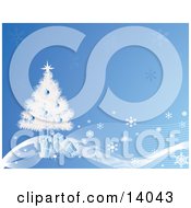 Gifts Tucked Under A Snow Flocked Christmas Tree On A Blue Background Of Snowflakes Clipart Illustration