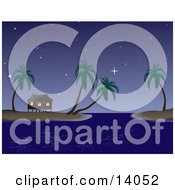 Night Time Tropical Beach Scene Of A Vacation Hut On Stilts Under The Stars On An Island With Palm Trees Clipart Illustration by Rasmussen Images #COLLC14052-0030