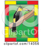 Stained Glass Window Of A Colorful Toucan Bird Perched On A Tree Branch With A Border Of Yellow Green And Red Rectangles