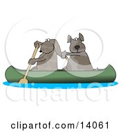 Two Dogs Paddling A Canoe And Looking Back Clipart Illustration