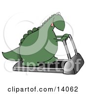 Green Dino Exercising On A Treadmill Machine In A Fitness Gym