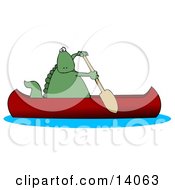 Green Dino Paddling A Red Canoe