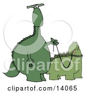 Green Dino Standing Upright And Walking His Pet Dino On A Leash