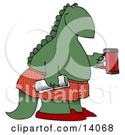 Green Dino In Boxers And Slippers Holding A Coffee Mug And Newspaper