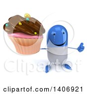 Clipart Of A 3d Blue Pill Character Holding A Cupcake On A White Background Royalty Free Illustration